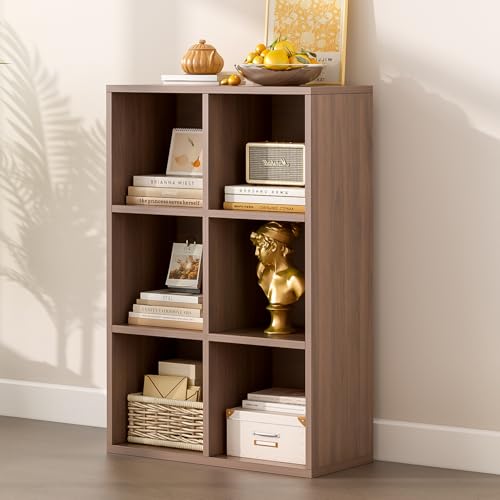 OSCHF 6-Cube Storage Shelf Bookcase - Wooden 3-Tier Floor Standing Open Bookshelf for Home and Office, Cuby Orgainzer, Walnut - color: Walnut, size: 6-Cube