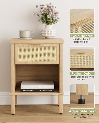 Rattan Nightstand with Drawer and Open Shelf, Boho Side Table with Gold Handle, Small Night Stand, Modern Bedside Table for Bedroom, Natural - color: Natural