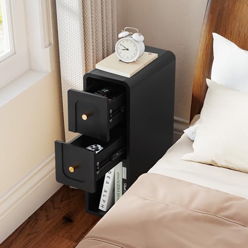 Narrow Nightstand with 2 Drawers, Small Bedside Tables, Mid-Century Modern Slim Night Stand with Storage, Wooden End Table for Small Spaces, Bedroom, Living Room (Black-1PCS) - color: 2drawers-black-1pcs
