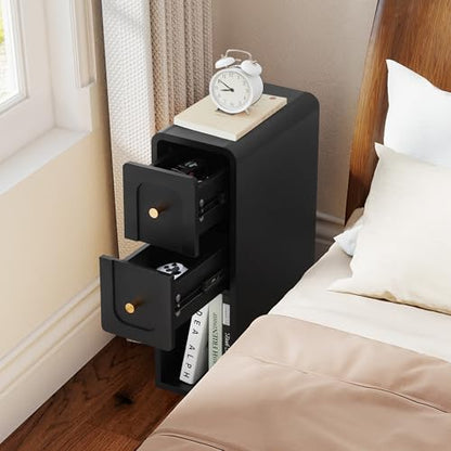 Narrow Nightstand with 2 Drawers, Small Bedside Tables, Mid-Century Modern Slim Night Stand with Storage, Wooden End Table for Small Spaces, Bedroom, Living Room (Black-1PCS) - color: 2drawers-black-1pcs