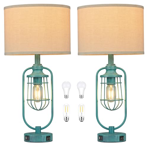 Table Lamps for Living Room End Table Set of 2, Farmhouse Lamps for Night Stands, Industrial Bedside Lamps for Bedroom with USB A+C, Bulbs Included - color: Green