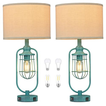 Table Lamps for Living Room End Table Set of 2, Farmhouse Lamps for Night Stands, Industrial Bedside Lamps for Bedroom with USB A+C, Bulbs Included - color: Green