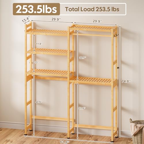 Cozivolife Over The Washer and Dryer Storage Shelf Bamboo,5 Tiers Laundry Room Drying Rack with Adjustable Shelves and 4 Hooks,Space Saver Organizer for Hanging Clothes and Towels (Natural) - color: Natural