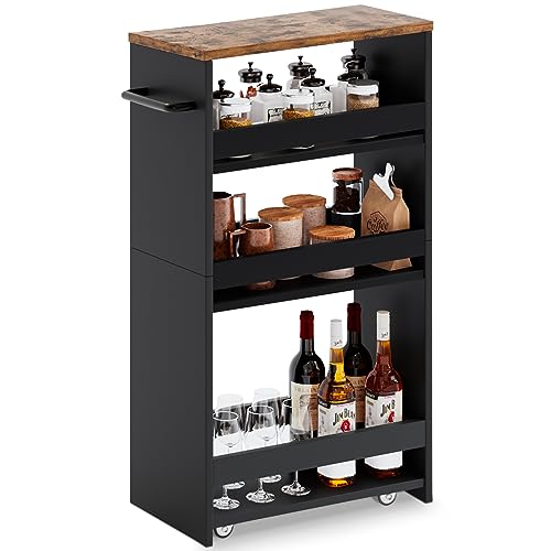 MARTY Slim Rolling Storage Cart 7.9" W Laundry Cart with Wheels,Brown+Black | Narrow Utility Cart Between Washer and Dryer, 3 Tier Mobile Shelving Unit for Kitchen, Laundry, Bathroom, Office, Living Room - color: Black, size: 7.9"D x 15.75"W x 31.5"H