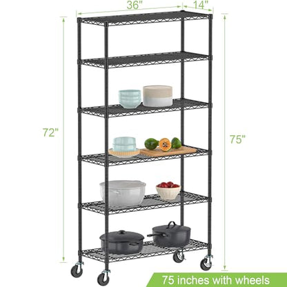 6 Tier Wire Metal Shelving Rack Garage Storage Rolling Shelves with Wheels | Heavy Duty Adjustable Industrial Shelves Unit Utility Sturdy Shelving for Kitchen Garage Pantry Bathroom Laundry - size: 6-Tier Metal Shelf（36L x 14W x 75H）