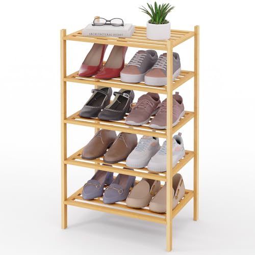 Smiry Small Bamboo Shoe Rack, 5 Tier Free Standing Wooden Shoe Organizer, Stackable Wood Shoe Storage Shelf for Closet, Entryway, 5 Horizontal Slats, 17.3"x11"x31.3", Natural - color: Natural, size: 5 Tier - 17.3" Wide
