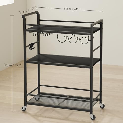3 Tier Bar Cart, Small Beverage Cart, Mini Bar Cart with Wine Rack, Home Bar Serving Cart with Wheels for Kitchen Dining Living Room (Black, General) GBC507B - color: Black, size: General