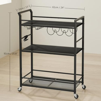 3 Tier Bar Cart, Small Beverage Cart, Mini Bar Cart with Wine Rack, Home Bar Serving Cart with Wheels for Kitchen Dining Living Room (Black, General) GBC507B - color: Black, size: General