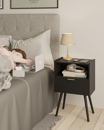 JOONEE Black Nightstand,Modern Bedside Table with Storage Drawer and Open Wood Shelf, for Living Room, Bedroom and Small Spaces, Accent Night Stand with Solid Wood Legs, Easy Assembly,Classic Black - color: Black
