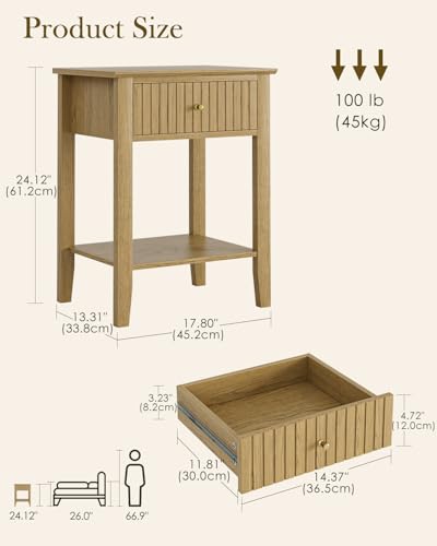 Fluted Nightstand, Farmhouse Night Stand with 1 Drawers, Mid Century Modern Side Accent Table,Bedside End Table for Bedroom, Living Room, Yellow Oak - color: Oak, size: 1 Drawer