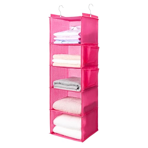 BOOMIBOO Hanging Closet Organize and Shelves，5-Hanging Shelf with 2 Side Pockets，Storage Foldable （Pink） - color: Pink, size: 1