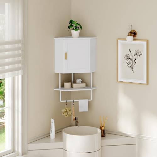 MAHANCRIS Bathroom Wall Cabinet, Corner Wall Mount Medicine Cabinet with Adjustable Shelf & Towel Bar, 3-Tier Over Toilet Storage Cabinets for Bathroom Laundry Room Kitchen, for Small Space, White