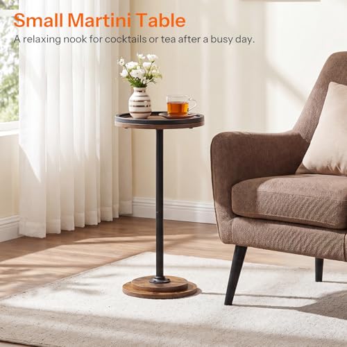 HOOBRO Small Round Side Table, Drink Table, Coffee Martini Table with Pedestal Accent for Small Spaces in Living Room, Bedroom, Sofa Couch, Rustic Brown BF168BZ01 - color: Rustic Brown + Black