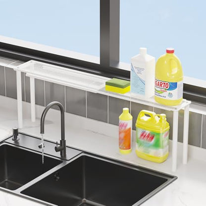 Expandable Window Shelf for Plants Kitchen Sink Organizer Stackable Narrow Shelves Kitchen Countertop Holder Mesh Design (2, White)