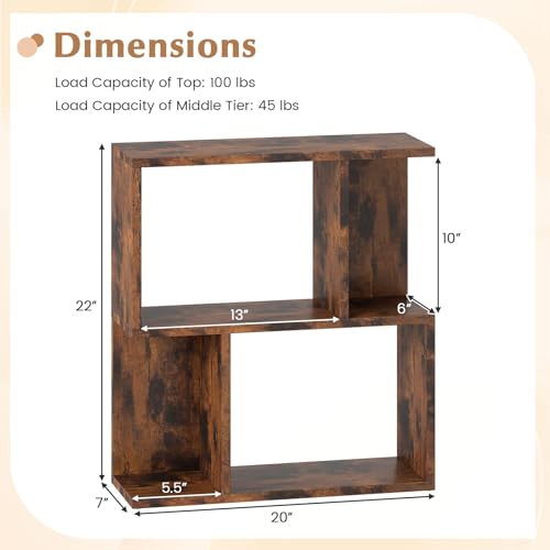 22’’ H Geometric Bookshelf, 2-Tier S-Shaped Floor Bookcase, Freestanding Open Display Book Shelf for Small Spaces, Low Side Table for Living Room & Bedroom (1, Rustic Brown) - color: Rustic Brown