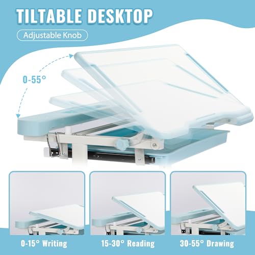 Rengue Kids Desk and Chair Set, Height Adjustable Children School Functional Study Desk with 55° Tiltable Desktop, 3 Modes & Brightness LED Light, Storage Drawer & Metal Hook for Boys Girls (Blue) - color: Blue