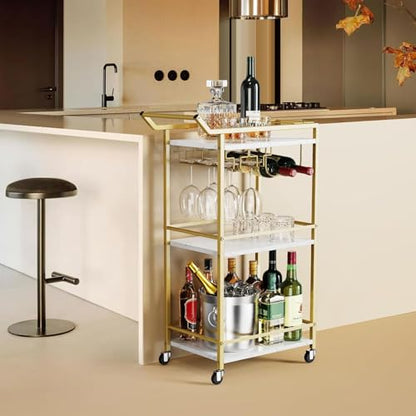 3 Tier Bar Cart Mini Liquor Utility Cart for Wine Beverage Dinner Party | Rolling Wine Coffee Drink Serving Cart with Lockable Wheels for Home Kitchen Bars (Gold) - color: Gold - 11.8"d X 20.8"w X 35.4"h
