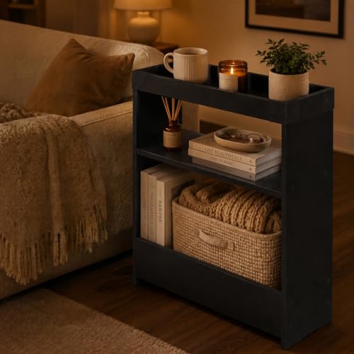 Farmhouse Narrow Side Table with Tray Top & Magazine Rack, 24" H Sofa Couch Side Table with Storage Shelf, Slim End Table for Small Spaces, Modern Nightstand for Bedroom, Living Room (Black) - color: Black