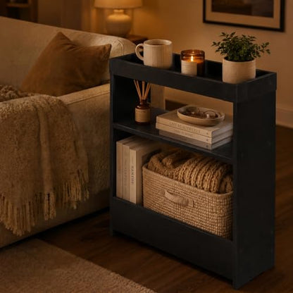 Farmhouse Narrow Side Table with Tray Top & Magazine Rack, 24" H Sofa Couch Side Table with Storage Shelf, Slim End Table for Small Spaces, Modern Nightstand for Bedroom, Living Room (Black) - color: Black