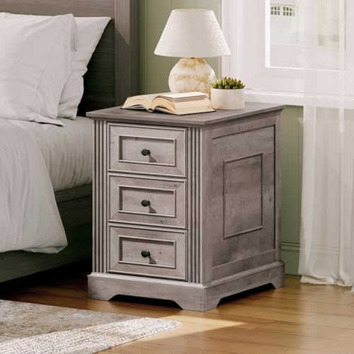 RALGEND Farmhouse End Table with 3 Drawers, Wooden Slim Nightstand, Narrow Sofa Side Table with Storage for Living Room, Bedroom, Study, Greige