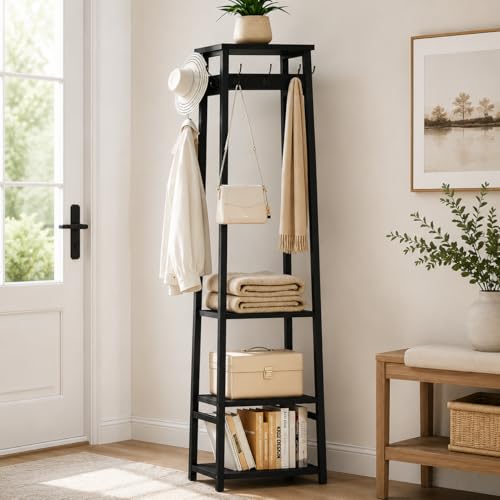 Coat Rack Freestanding, Coat Stand with 3 Shelves and 7 Hooks, Hall Tree Free Standing, Clothes Rack Stand Organizer for Bedroom, Hallway, Entryway, Living Room, Industrial Style, Black - color: Black, style: 3 Shelves