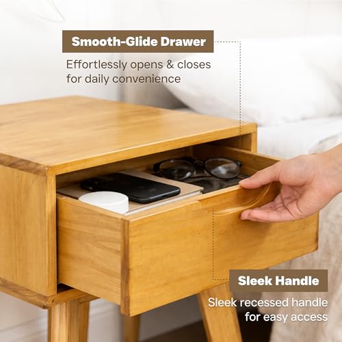 Scandinavian Nightstand - Pine Bedside Table - with Drawer | Solid Wood Construction, 18.5 x 16.93 x 15.75 in, Light Natural Finish, Square Shape, Leg Base, Easy Assembly