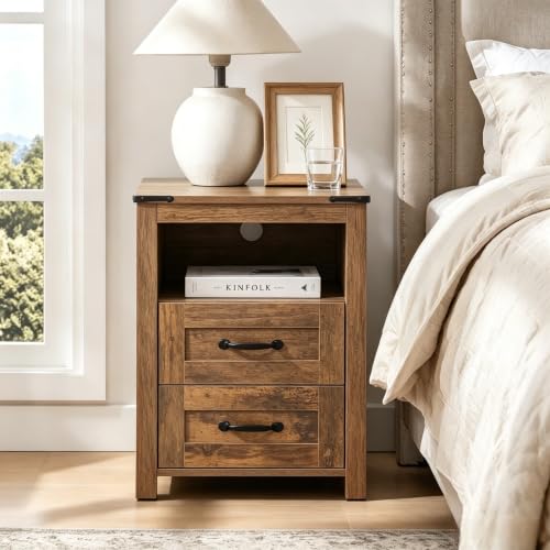 Farmhouse Night Stand, Rustic Brown Nightstand for Bedroom, End Tables with Charging Station, Bedside Table with Drawers, Wood Bedside Cabinet Dresser - color: Brown, size: 1pcs with Charging