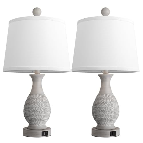 PARTPHONER Traditional Table Lamps Set of 2, Bedside Touch Lamp with USB C+A Charging Ports, Rustic Farmhouse Table Lamps for Living Room Bedroom, Side Table Lamp with White Fabric Shade, Antique Grey - size: Grey 22.6" Touch Lamp