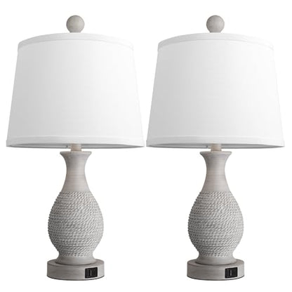 PARTPHONER Traditional Table Lamps Set of 2, Bedside Touch Lamp with USB C+A Charging Ports, Rustic Farmhouse Table Lamps for Living Room Bedroom, Side Table Lamp with White Fabric Shade, Antique Grey - size: Grey 22.6" Touch Lamp