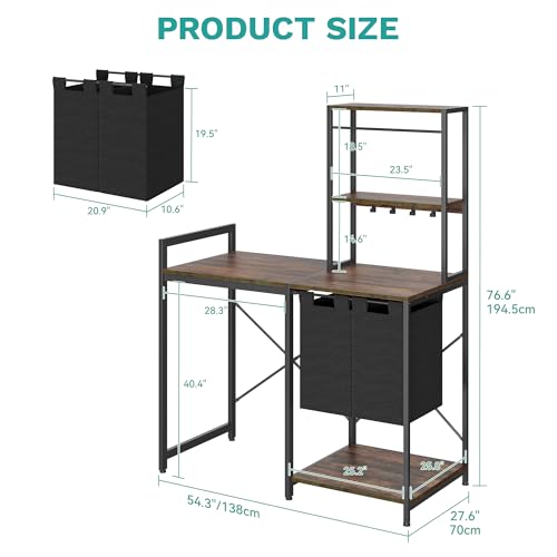 YITAHOME Kitchen Bakers Rack with Storage Shelves, Coffee Bar Table | 4 Tiers ＆ 5 Hooks, 45.3" Large Freestanding Kitchen Shelves, Mini Fridge Cabinet with Storage for Dining Room, Retro Brown - size: 55"×47.2"