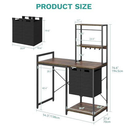 YITAHOME Kitchen Bakers Rack with Storage Shelves, Coffee Bar Table | 4 Tiers ＆ 5 Hooks, 45.3" Large Freestanding Kitchen Shelves, Mini Fridge Cabinet with Storage for Dining Room, Retro Brown - size: 55"×47.2"