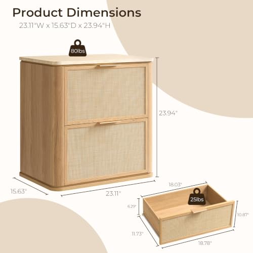 Night Stand, 23.11" W Rattan Nightstand with 2 Drawers, Faux Marble Top Bedside Table, Boho Mid Century End Table for Bedroom Living Room Sofa Office, Natural Oak [FSC Certified] - color: Natural Oak, size: 15.63"D x 23.11"W x 23.94"H（2 Drawer）