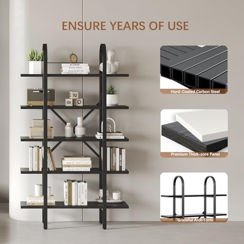 Wide Bookshelf Arched Bookcase, Industrial 5 Tier Open Book Shelves with Metal Frame, 72" Tall Freestanding Heavy Duty Display Rack for Home Office, Living Room,Black,Easy Assembly - color: Black, size: 5 Tier Arched Wide