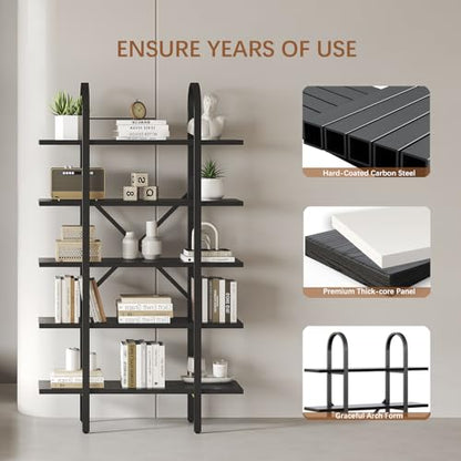 Wide Bookshelf Arched Bookcase, Industrial 5 Tier Open Book Shelves with Metal Frame, 72" Tall Freestanding Heavy Duty Display Rack for Home Office, Living Room,Black,Easy Assembly - color: Black, size: 5 Tier Arched Wide