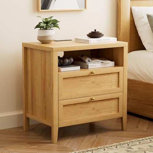 Farmhouse End Table with 2 Drawers, Wooden Nightstand with Open Storage Cable Hole Freestanding Wide Bedside Table for Bedroom Living Room Sofa, Natural Oak - color: 2 Drawers/Natural Oak, size: 1PC