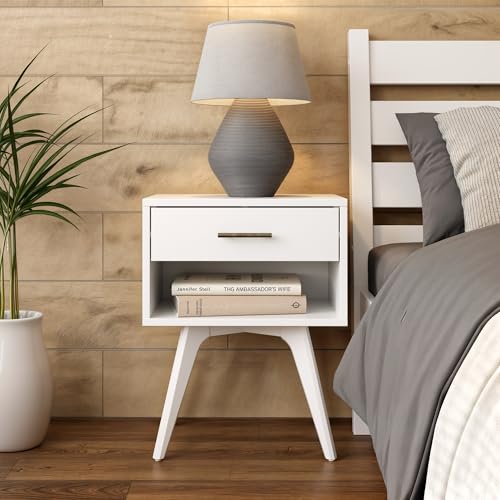 Mid Century Modern One Drawer Nightstand/Constructed of Solid Wood/White Finish - color: White
