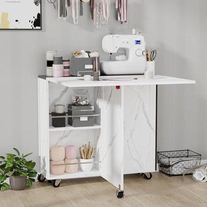 White Marble Mobile Folding Dining Table - 6-Wheel Rolling Kitchen Cart with Storage, Drop Leaf Design for Small Spaces, Suitable for Kitchen, Dining Room, Apartment - color: Black