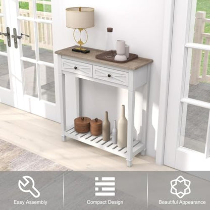 Narrow Entryway Table, 2-Tier Wooden Sofa Console Table with 2 Drawers and Storage Shelf, Couch Furniture Behind Sofa Hallway Entryway Living Room, White - color: White