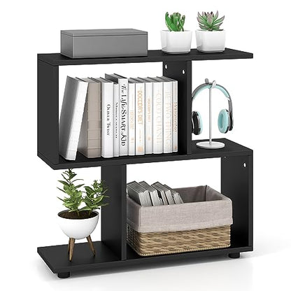 Tangkula 2 Tier Geometric Bookshelf, Freestanding Wood Display Shelf, Home Office Room Divider S Shaped Open Bookcase, Small Bookshelf for Small Spaces, Living Room, Study (Black, 1) - color: Black, size: 1