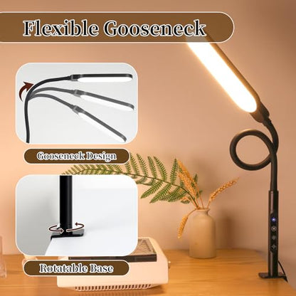 BQAN LED Desk Lamp with Clamp 15W Eye-Caring Clip on Light for Home Black | 5 Modes & 9 Brightness | Adjustable Gooseneck | Touch Dimmer | Clamp Desk Design | For Reading, Study, Nail Art, Work - color: Black