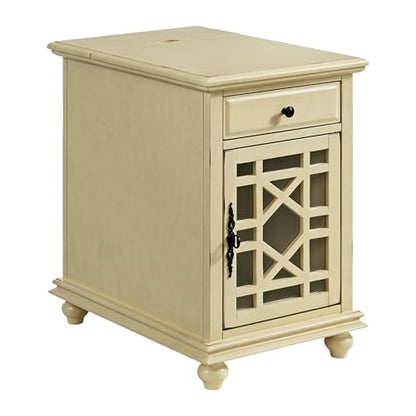 Martin Svensson Home Elegant Chairside End Table with Power — 24″W x 16″D x 25″H, Antique Cream White — Transitional Painted Accent Table with Flip-Top USB Charging, Drawer & Cabinet Storage - color: Antique Cream White