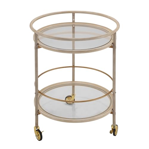 GDFStudio Round Bar Cart with Dual Tempered Glass Shelves, Gold Metal Accents and Lockable Wheels, Distressed White Finish Modern Beverage Trolley for Living Room, Dining Room or Kitchen - color: Ancient White