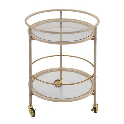 GDFStudio Round Bar Cart with Dual Tempered Glass Shelves, Gold Metal Accents and Lockable Wheels, Distressed White Finish Modern Beverage Trolley for Living Room, Dining Room or Kitchen - color: Ancient White