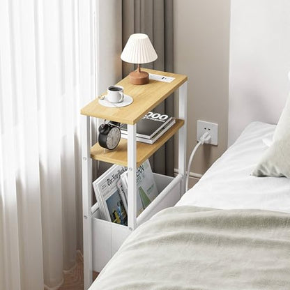 Narrow Side Table with Charging Station Slim End Table Sofa with Magazine Rack, Bedside Table for Small Spaces, 3 Tier Nightstand for Living Room Couch, Bedroom Natural LET503YE - color: Natural, style: With Charging Station
