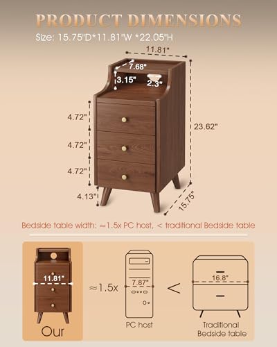 Narrow Nightstand with Drawers, 11.8" Solid Wood Nightstand with Open Shelf & Cable Hole, Modern Night Stand Slim Bedside Table for Small Spaces, Bedroom, Study - color: Walnut, size: 15.7"D x 11.8"W x 23.6"H