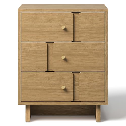 RoyalCraft 3 Drawer Nightstand, 19.69W x 15.35D x 24.80H Inch Wood Bedside Table with 110LBS Load Capacity, End Table Storage Cabinet for Bedroom, Study, Natural Oak Nightstand