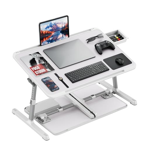 Potuopy Adjustable Lap Desk,Large Smooth Easy-Clean Wood Grain Desktop,Foldable Laptop Bed Tray Table with Storage Drawer,Portable Laptop Stand Fits 17" Laptop for Bed Couch Floor (Light Gray) - color: Light Gray