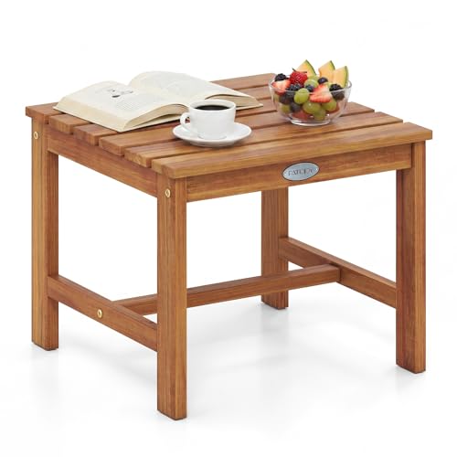 Tangkula Patio Acacia Wood Side Table, 17" Square End Table with Slatted Tabletop, Outdoor Wooden Accent Bistro Table for Backyard, Poolside, Garden, Porch, Indoor (Natural,1)