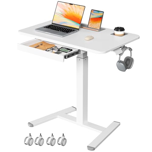 Mobile Standing Desk with Drawer, 32" Rolling Desk with Cup Holder and Hooks, Portable Laptop Cart on Wheels, Height Adjustable Workstation with Storage for Home Office, White - color: White, size: 32"