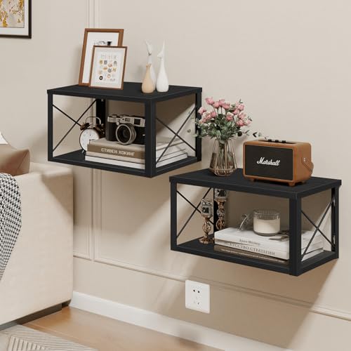 Homode Floating Nightstand, 2 Tier Wall Mounted Nightstand with Cable Hole, Wooden Floating Bedside Table, Bedside Wall Shelf for Bedroom Bathroom Living Room Kitchen Office, Black - color: Black